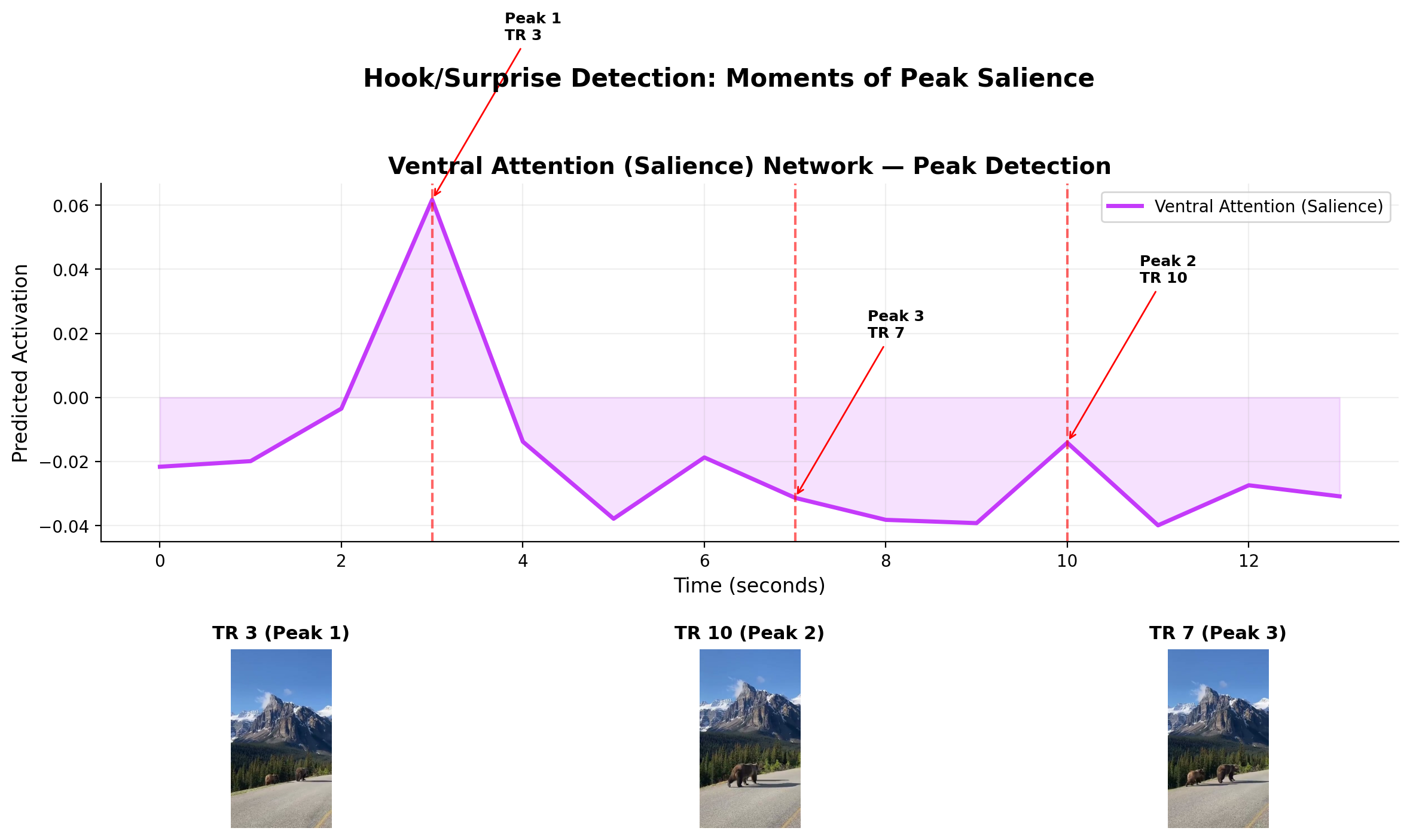Ventral attention salience peaks across a video timeline